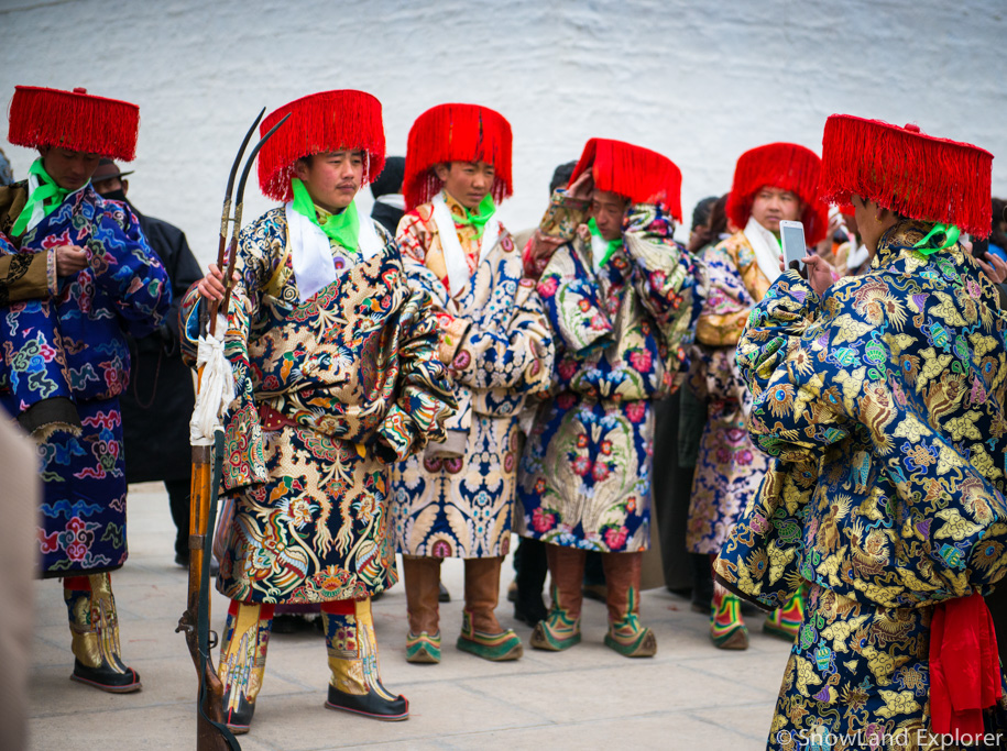 Tibetan Nomads boys on the parade in Luqu, Gansu Province