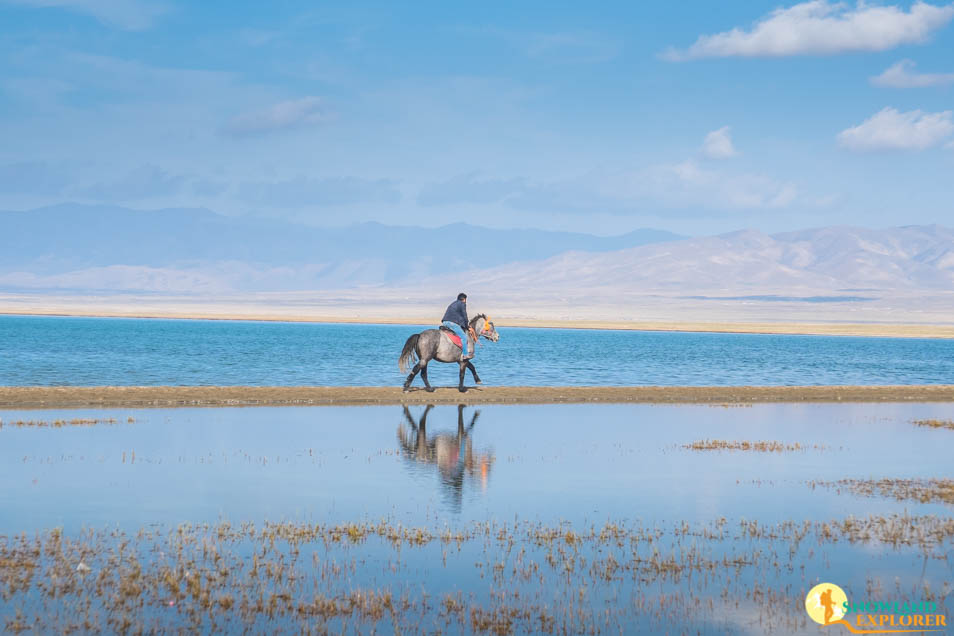 A nomad guy riding horse at Qinghai Lake